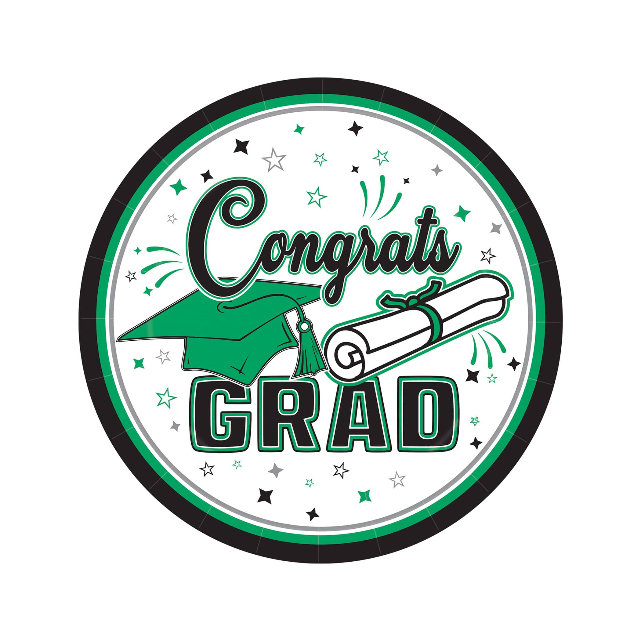 7" Green Congrats Grad Plates (Pack of 216) green graduation plates, 7 inch grad plates, congrats grad plates, green party plates, graduation tableware, dessert plates, Party Express graduation supplies