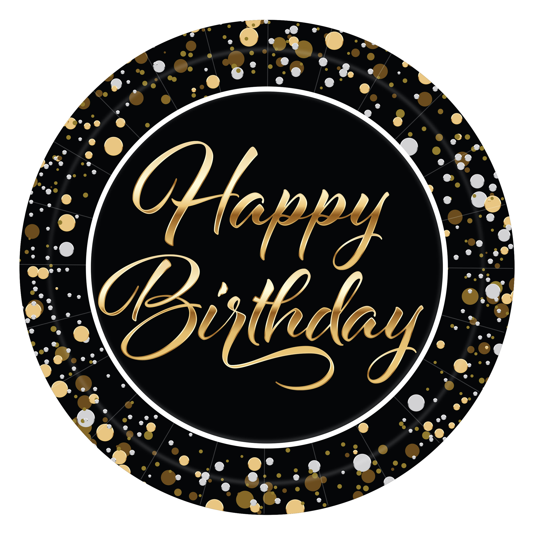 7" Happy Birthday Plates (Pack of 96) 7 inch birthday plates, happy birthday plates, black gold silver birthday décor, sturdy paper birthday plates, disposable birthday party plates, birthday tableware, Party Express birthday plates, bulk birthday plates