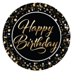 7" Happy Birthday Plates (Pack of 96) 7 inch birthday plates, happy birthday plates, black gold silver birthday décor, sturdy paper birthday plates, disposable birthday party plates, birthday tableware, Party Express birthday plates, bulk birthday plates