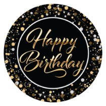 7" Happy Birthday Plates (Pack of 96) 7 inch birthday plates, happy birthday plates, black gold silver birthday décor, sturdy paper birthday plates, disposable birthday party plates, birthday tableware, Party Express birthday plates, bulk birthday plates
