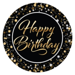 7" Happy Birthday Plates (Pack of 96) 7 inch birthday plates, happy birthday plates, black gold silver birthday décor, sturdy paper birthday plates, disposable birthday party plates, birthday tableware, Party Express birthday plates, bulk birthday plates