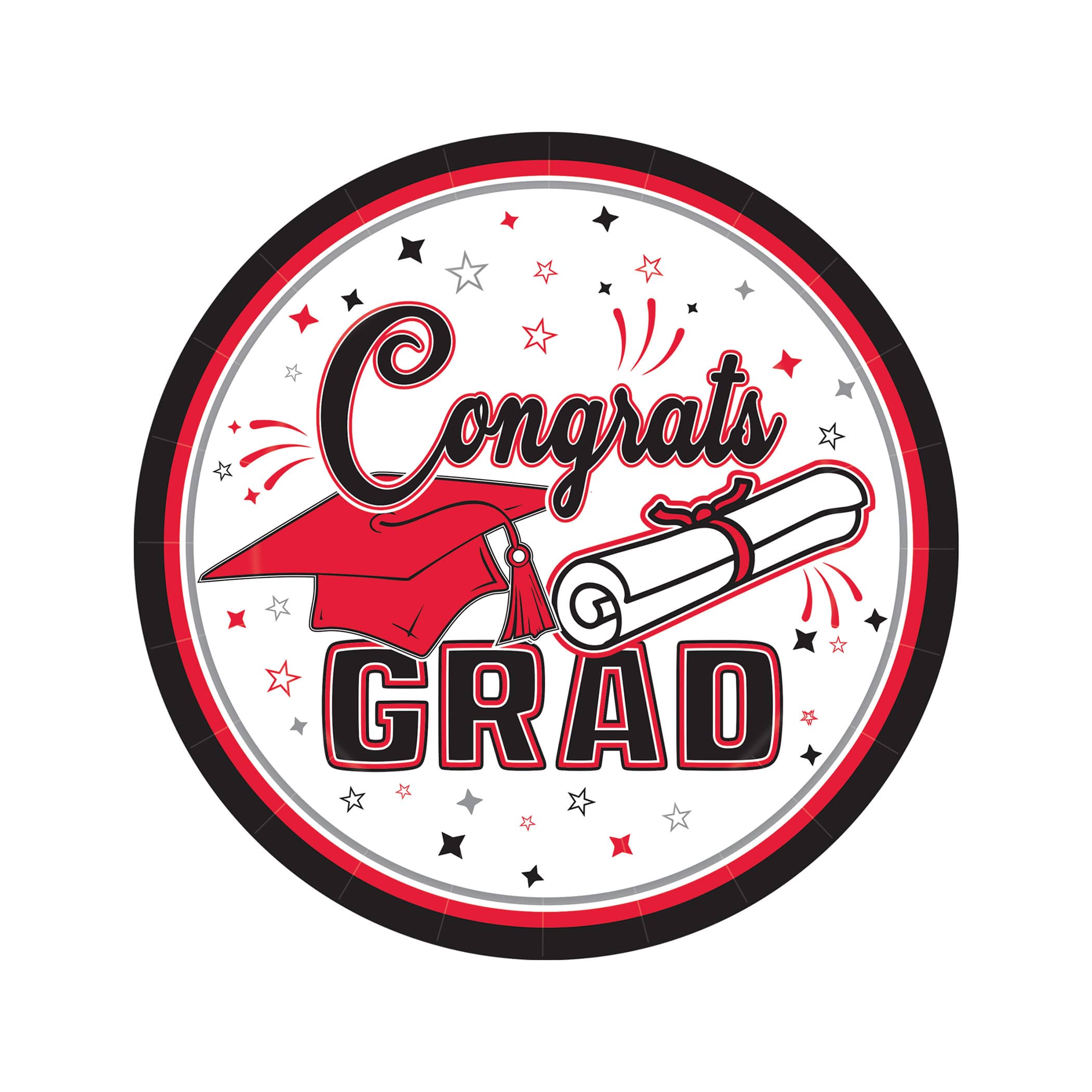 7" Red Congrats Grad Plates (Pack of 216) red graduation plates, 7 inch grad plates, congrats grad plates, red party plates, graduation tableware, dessert plates, Party Express graduation supplies