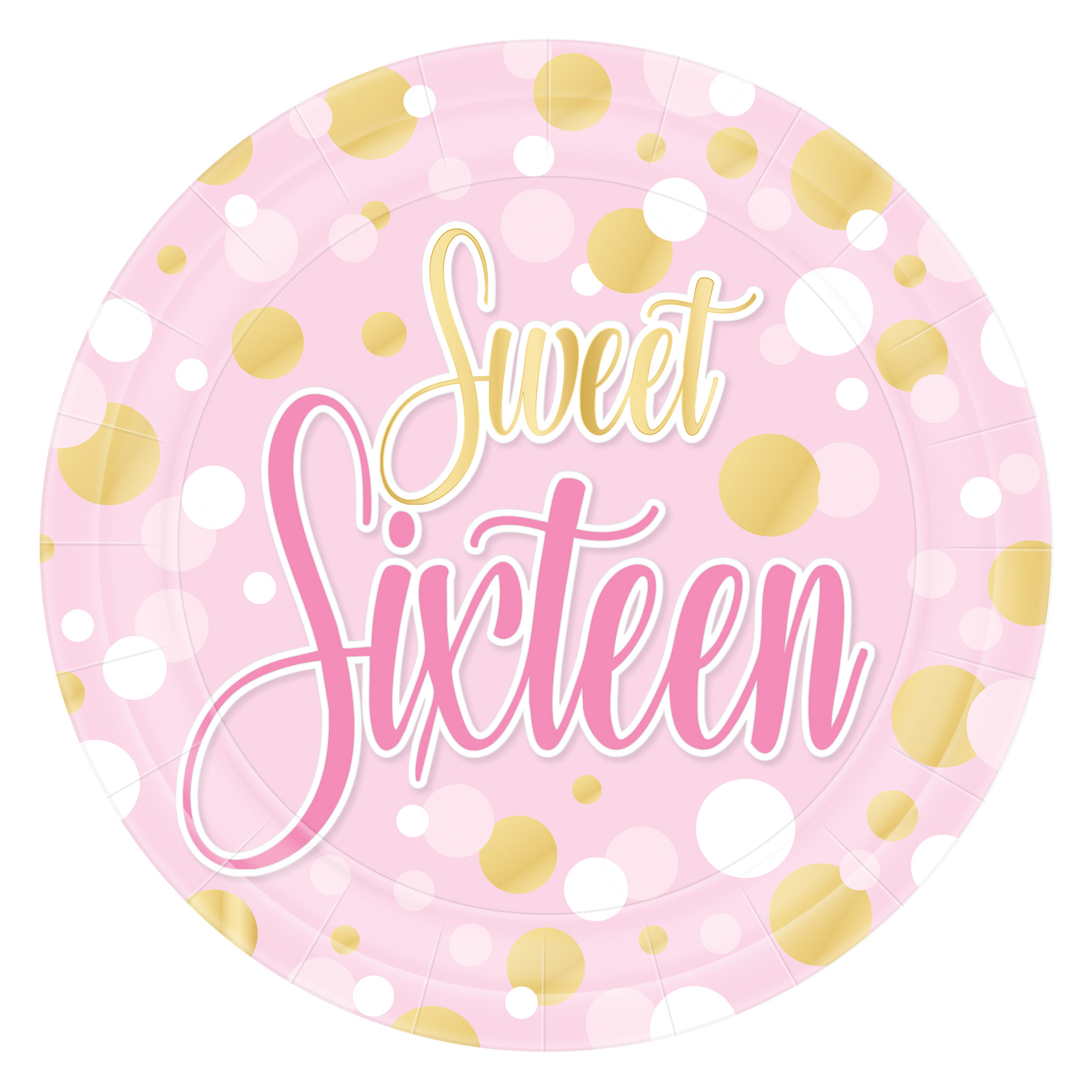 7" Sweet 16 Plates (Pack of 96) 7 inch sweet 16 plates, pink gold white birthday plates, sturdy paper sweet 16 plates, sweet sixteen party supplies, milestone birthday tableware, disposable sweet 16 plates, Party Express sweet 16 plates, bulk sweet 16 plates
