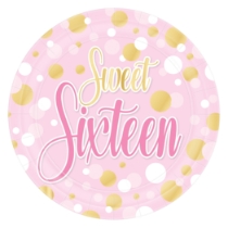 7" Sweet 16 Plates (Pack of 96) 7 inch sweet 16 plates, pink gold white birthday plates, sturdy paper sweet 16 plates, sweet sixteen party supplies, milestone birthday tableware, disposable sweet 16 plates, Party Express sweet 16 plates, bulk sweet 16 plates