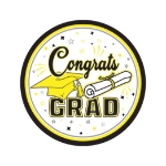 7" Yellow Congrats Grad Plates (Pack of 216) yellow graduation plates, 7 inch grad plates, congrats grad plates, yellow party plates, graduation tableware, dessert plates, Party Express graduation supplies