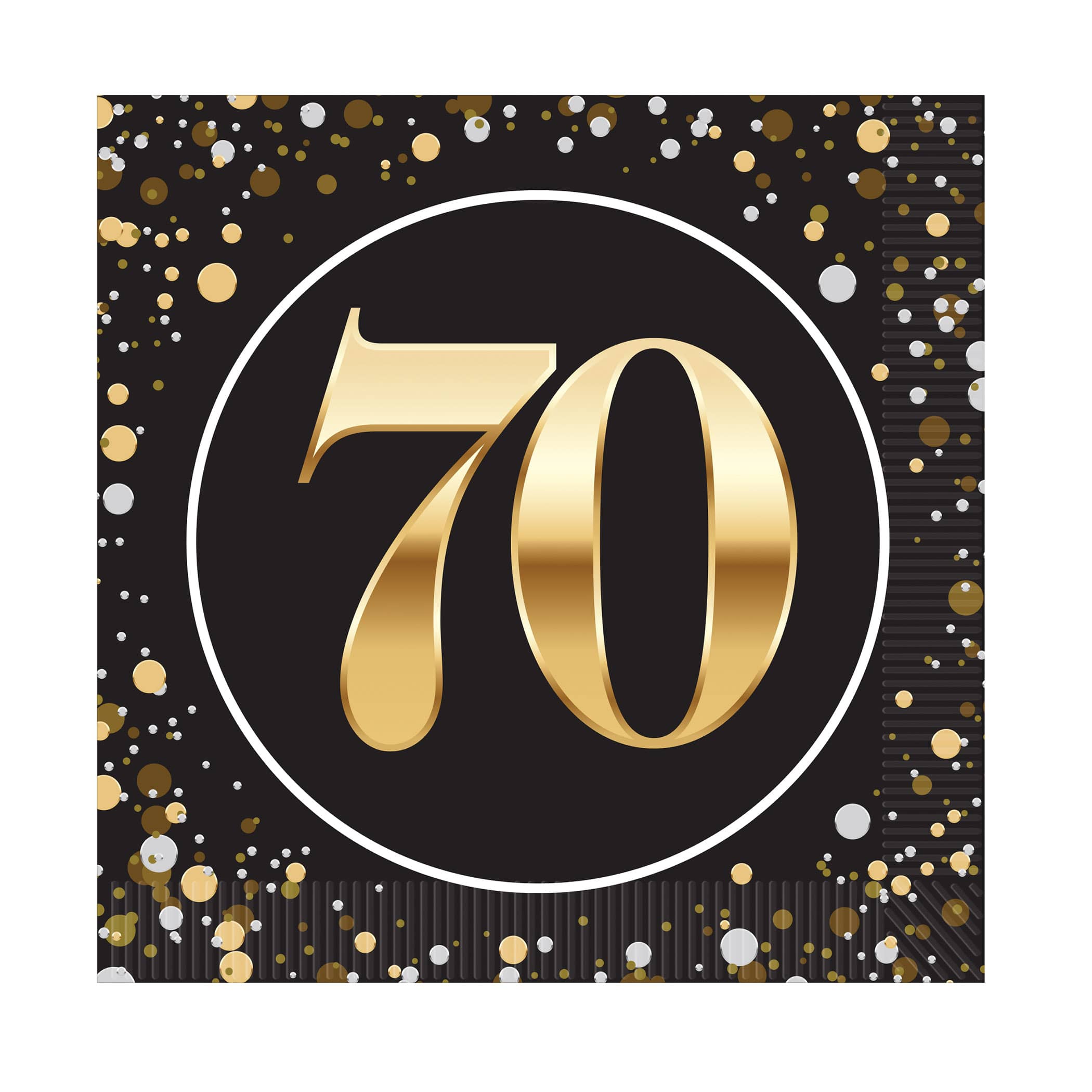 "70" Luncheon Napkins (Pack of 192) luncheon napkins, 2-ply napkins, black gold silver napkins, 6.5 inch napkins, quarter fold napkins, party tableware, elegant party supplies, metallic luncheon napkins, Party Express napkins