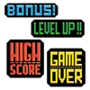8-Bit Action Sign Cutouts made of card stock material with bright color printing and gaming slang.