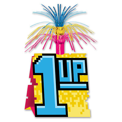 Centerpiece with an 8-bit look of 1 up and a cascade metallic top of pink, yellow and blue.