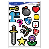 Printed 8-bit place n peels of a sword, star, mushroom and more.