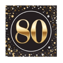 "80" Luncheon Napkins (Pack of 192) luncheon napkins, 2-ply napkins, black gold silver napkins, 6.5 inch napkins, quarter fold napkins, party tableware, elegant party supplies, metallic luncheon napkins, Party Express napkins
