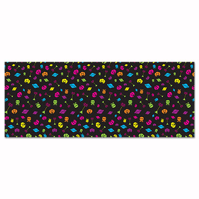 80's Backdrop with 8-bit designed in neon colors with a black background printed on thin plastic material.