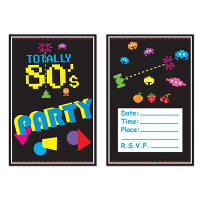 1980s party invitation with 8-bit and neon colored design.