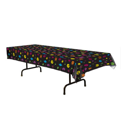 Black plastic 80s Table Cover with colorful 80s icon