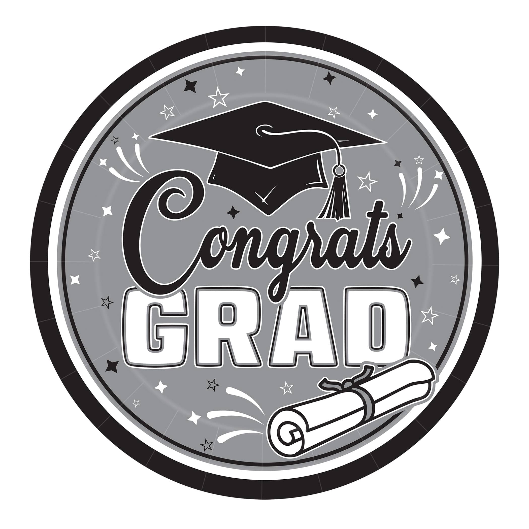 9" Black Congrats Grad Plates (Pack of 216) black graduation plates, 9 inch grad plates, congrats grad plates, black party plates, graduation tableware, bulk grad plates, Party Express graduation supplies