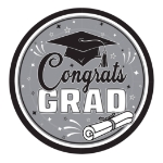 9 Inch Black Congrats Grad Plates (Pack of 216) black graduation plates, 9 inch grad plates, congrats grad plates, black party plates, graduation tableware, bulk grad plates, Party Express graduation supplies