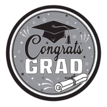 9 Inch Black Congrats Grad Plates (Pack of 216) black graduation plates, 9 inch grad plates, congrats grad plates, black party plates, graduation tableware, bulk grad plates, Party Express graduation supplies