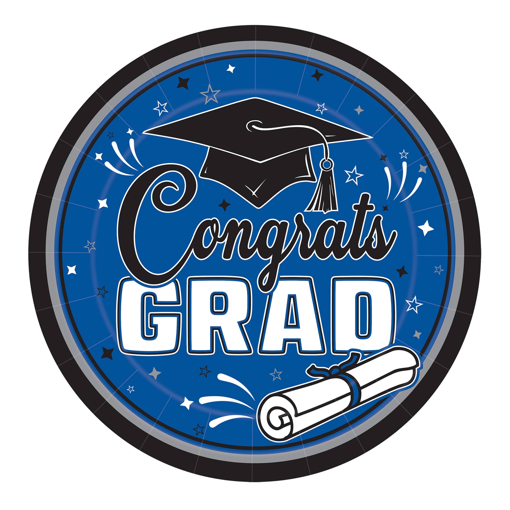 9" Blue Congrats Grad Plates (Pack of 216) blue graduation plates, 9 inch grad plates, congrats grad plates, blue party plates, graduation tableware, bulk grad plates, Party Express graduation supplies