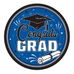 9 Inch Blue Congrats Grad Plates (Pack of 216) blue graduation plates, 9 inch grad plates, congrats grad plates, blue party plates, graduation tableware, bulk grad plates, Party Express graduation supplies