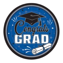 9 Inch Blue Congrats Grad Plates (Pack of 216) blue graduation plates, 9 inch grad plates, congrats grad plates, blue party plates, graduation tableware, bulk grad plates, Party Express graduation supplies