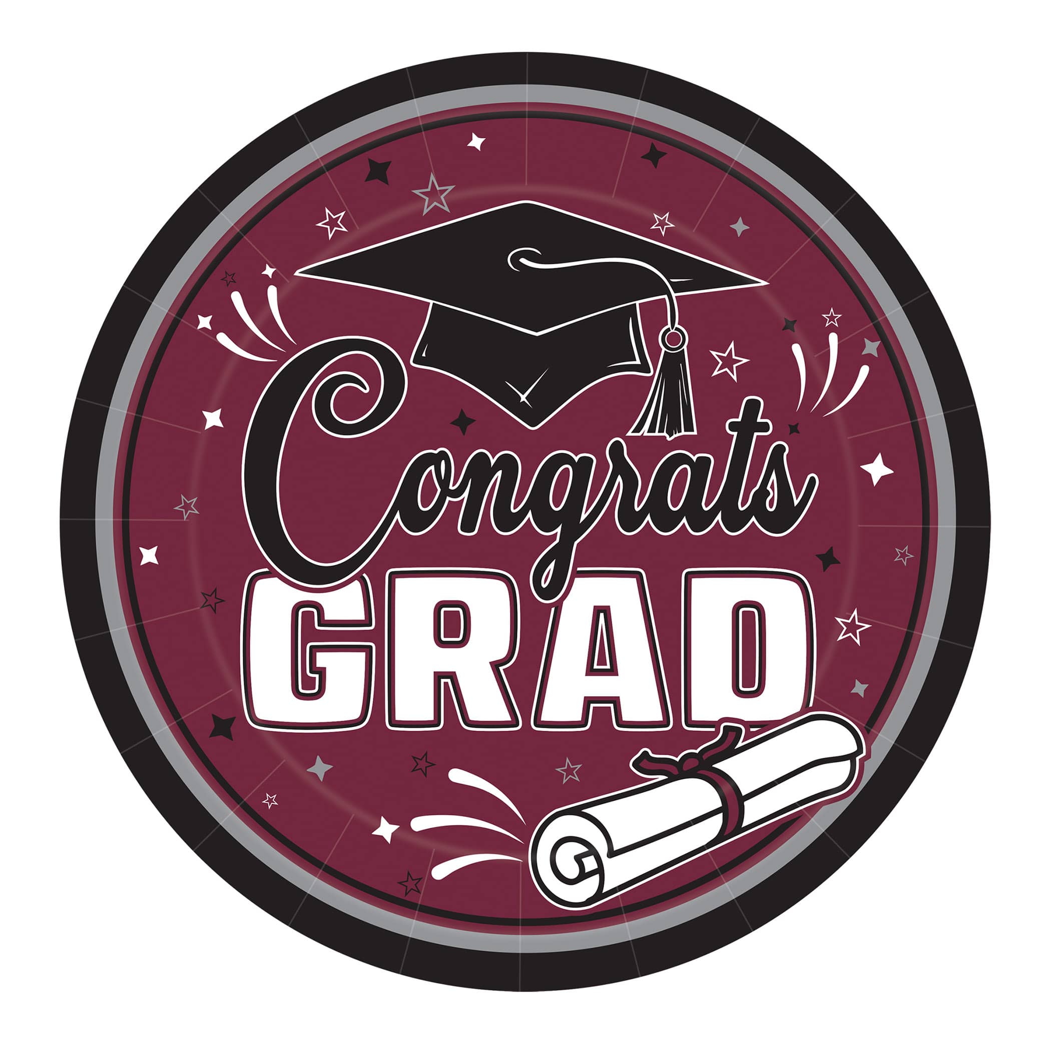 9" Burgundy Congrats Grad Plates (Pack of 216) burgundy graduation plates, 9 inch grad plates, congrats grad plates, burgundy party plates, graduation tableware, bulk grad plates, Party Express graduation supplies