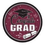 9 Inch Burgundy Congrats Grad Plates (Pack of 216) burgundy graduation plates, 9 inch grad plates, congrats grad plates, burgundy party plates, graduation tableware, bulk grad plates, Party Express graduation supplies