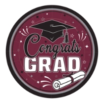 9 Inch Burgundy Congrats Grad Plates (Pack of 216) burgundy graduation plates, 9 inch grad plates, congrats grad plates, burgundy party plates, graduation tableware, bulk grad plates, Party Express graduation supplies
