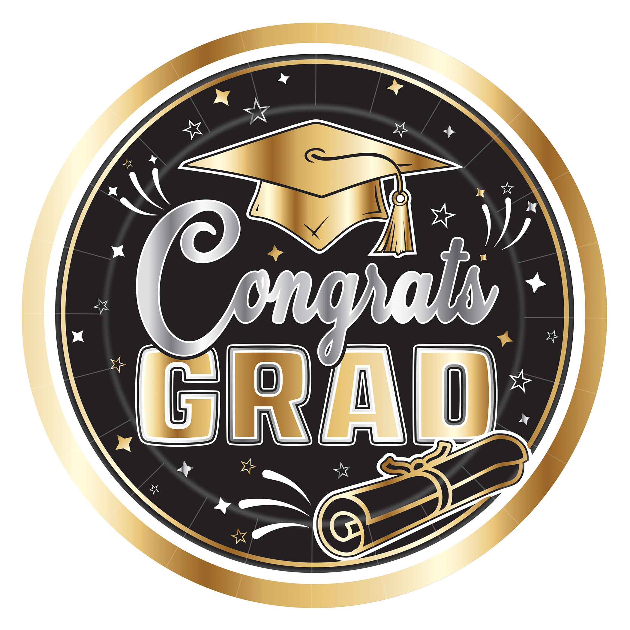 9" Graduation Plates (Pack of 96) graduation plates, 9 inch grad plates, black gold silver graduation décor, sturdy paper graduation plates, disposable grad party plates, graduation tableware, Party Express graduation plates, bulk graduation plates