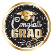 9" Graduation Plates (Pack of 96) graduation plates, 9 inch grad plates, black gold silver graduation décor, sturdy paper graduation plates, disposable grad party plates, graduation tableware, Party Express graduation plates, bulk graduation plates