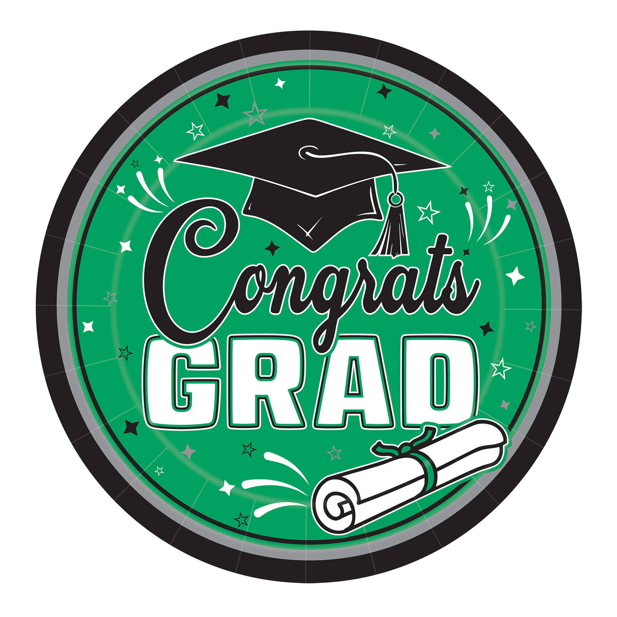 9" Green Congrats Grad Plates (Pack of 216) green graduation plates, 9 inch grad plates, congrats grad plates, green party plates, graduation tableware, bulk grad plates, Party Express graduation supplies