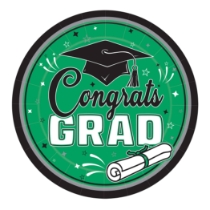 9" Green Congrats Grad Plates (Pack of 216) green graduation plates, 9 inch grad plates, congrats grad plates, green party plates, graduation tableware, bulk grad plates, Party Express graduation supplies