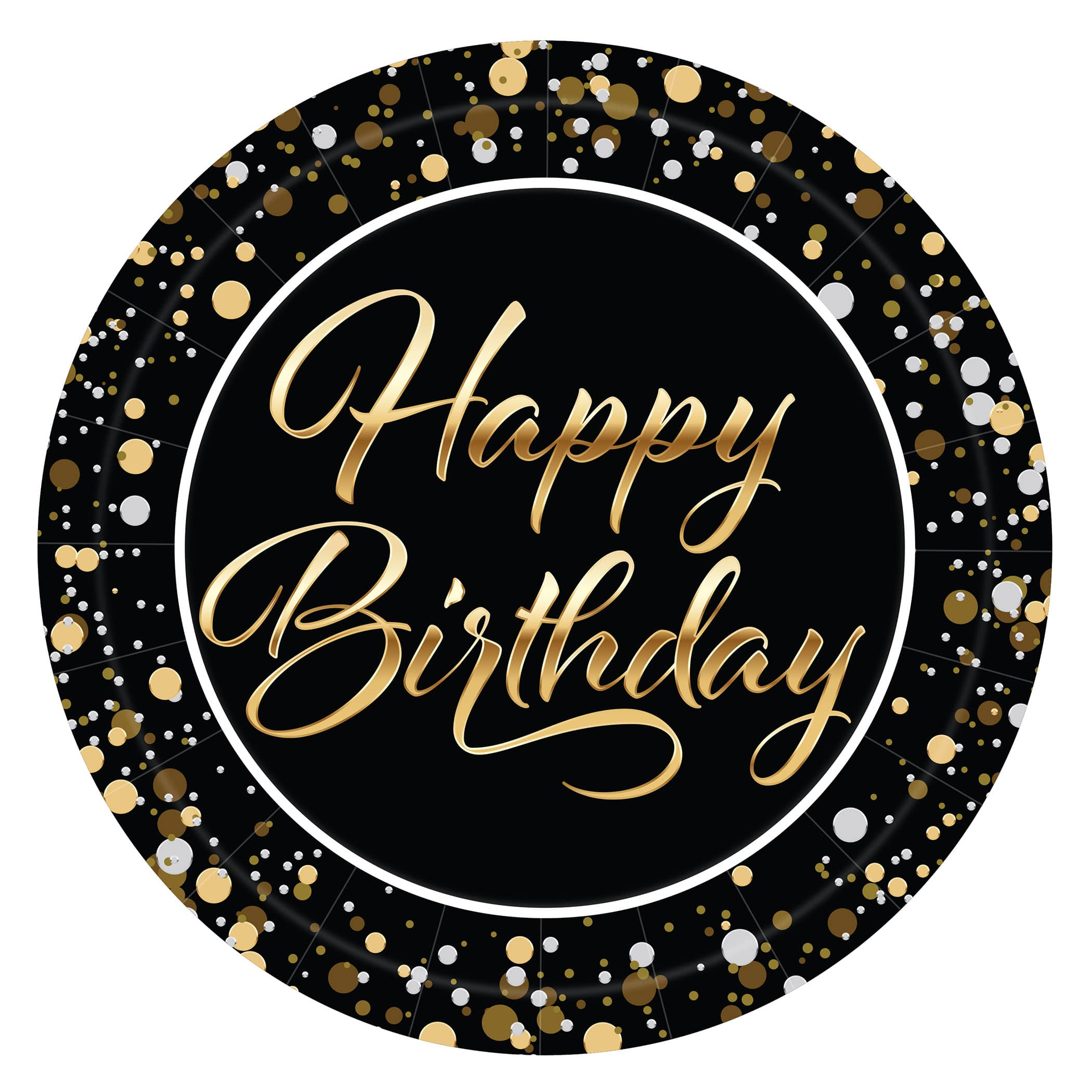 9" Happy Birthday Plates (Pack of 96) happy birthday plates, 9 inch birthday plates, black gold silver birthday décor, sturdy paper birthday plates, disposable birthday party plates, birthday tableware, Party Express birthday plates, bulk birthday plates