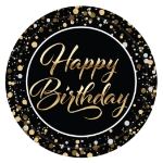 9" Happy Birthday Plates (Pack of 96) happy birthday plates, 9 inch birthday plates, black gold silver birthday décor, sturdy paper birthday plates, disposable birthday party plates, birthday tableware, Party Express birthday plates, bulk birthday plates