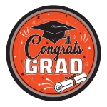 9" Orange Congrats Grad Plates (Pack of 216) orange graduation plates, 9 inch grad plates, congrats grad plates, orange party plates, graduation tableware, bulk grad plates, Party Express graduation supplies
