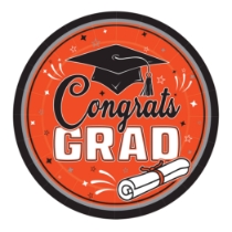 9" Orange Congrats Grad Plates (Pack of 216) orange graduation plates, 9 inch grad plates, congrats grad plates, orange party plates, graduation tableware, bulk grad plates, Party Express graduation supplies