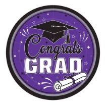 9" Purple Congrats Grad Plates (Pack of 216) purple graduation plates, 9 inch grad plates, congrats grad plates, purple party plates, graduation tableware, bulk grad plates, Party Express graduation supplies