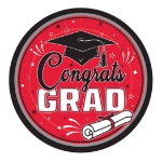 9" Red Congrats Grad Plates (Pack of 216) red graduation plates, 9 inch grad plates, congrats grad plates, red party plates, graduation tableware, bulk grad plates, Party Express graduation supplies