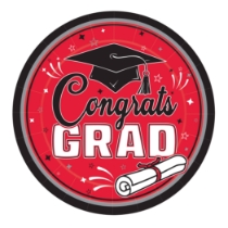 9" Red Congrats Grad Plates (Pack of 216) red graduation plates, 9 inch grad plates, congrats grad plates, red party plates, graduation tableware, bulk grad plates, Party Express graduation supplies