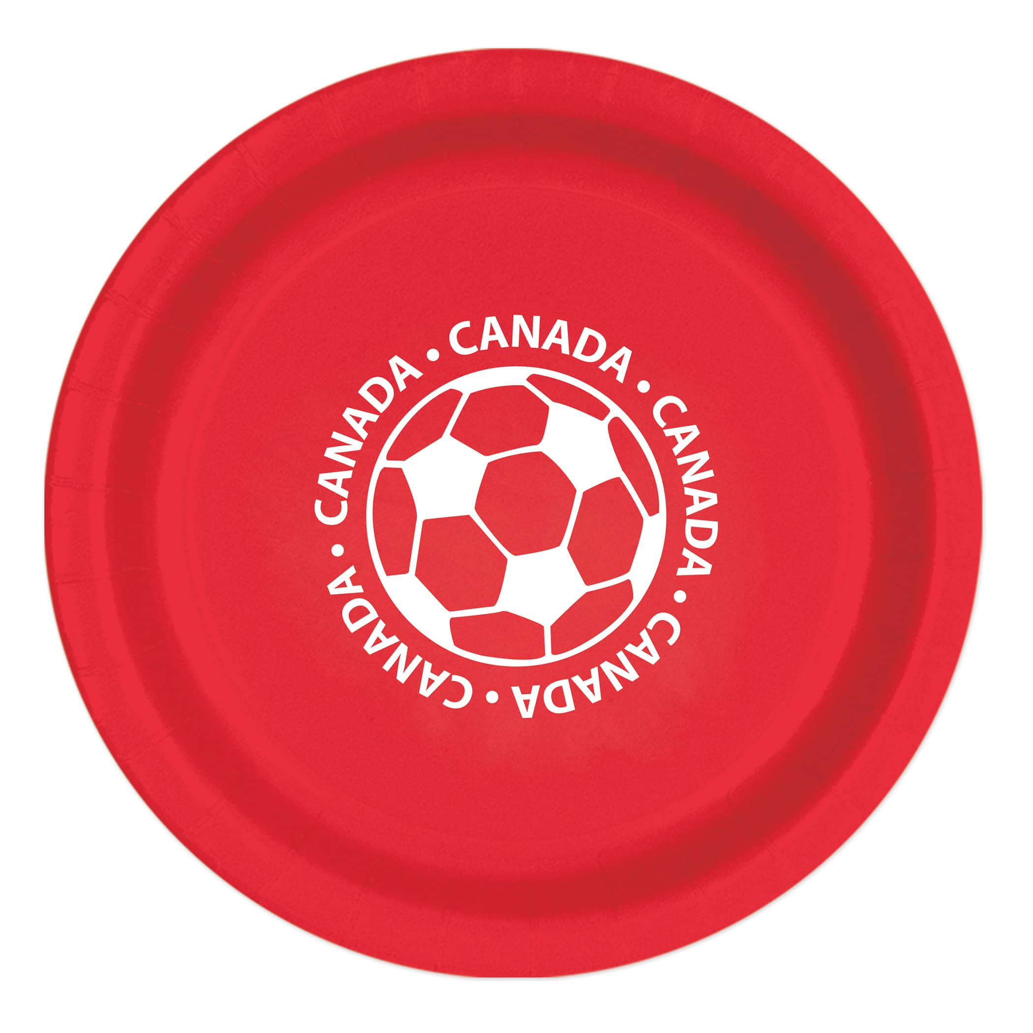 9" Soccer Paper Plates - Canada (Pack of 96 soccer paper plates canada, canada soccer party supplies, 9 inch soccer plates, canadian sports party decorations, soccer birthday tableware, bulk paper plates, canada themed party supplies, Party Express plates, soccer banquet supplies