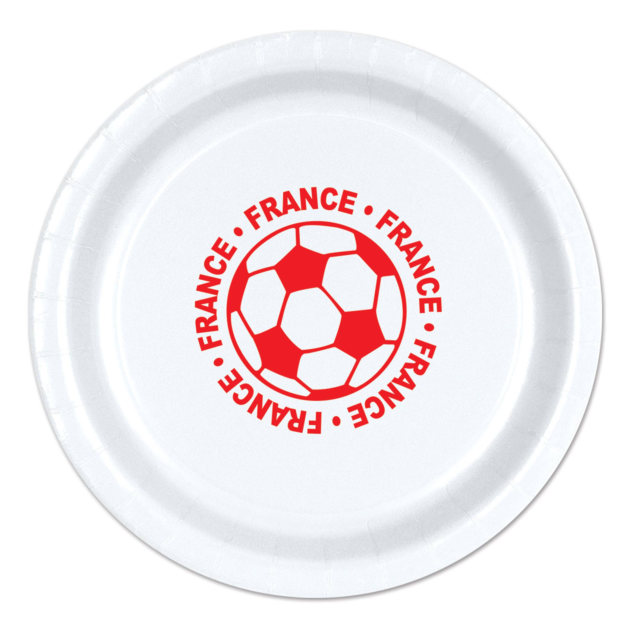 9" Soccer Paper Plates - France (Pack of 96) soccer paper plates france, france soccer party supplies, 9 inch soccer plates, french sports party decorations, soccer birthday tableware, bulk paper plates, france themed party supplies, Party Express plates, soccer banquet supplies