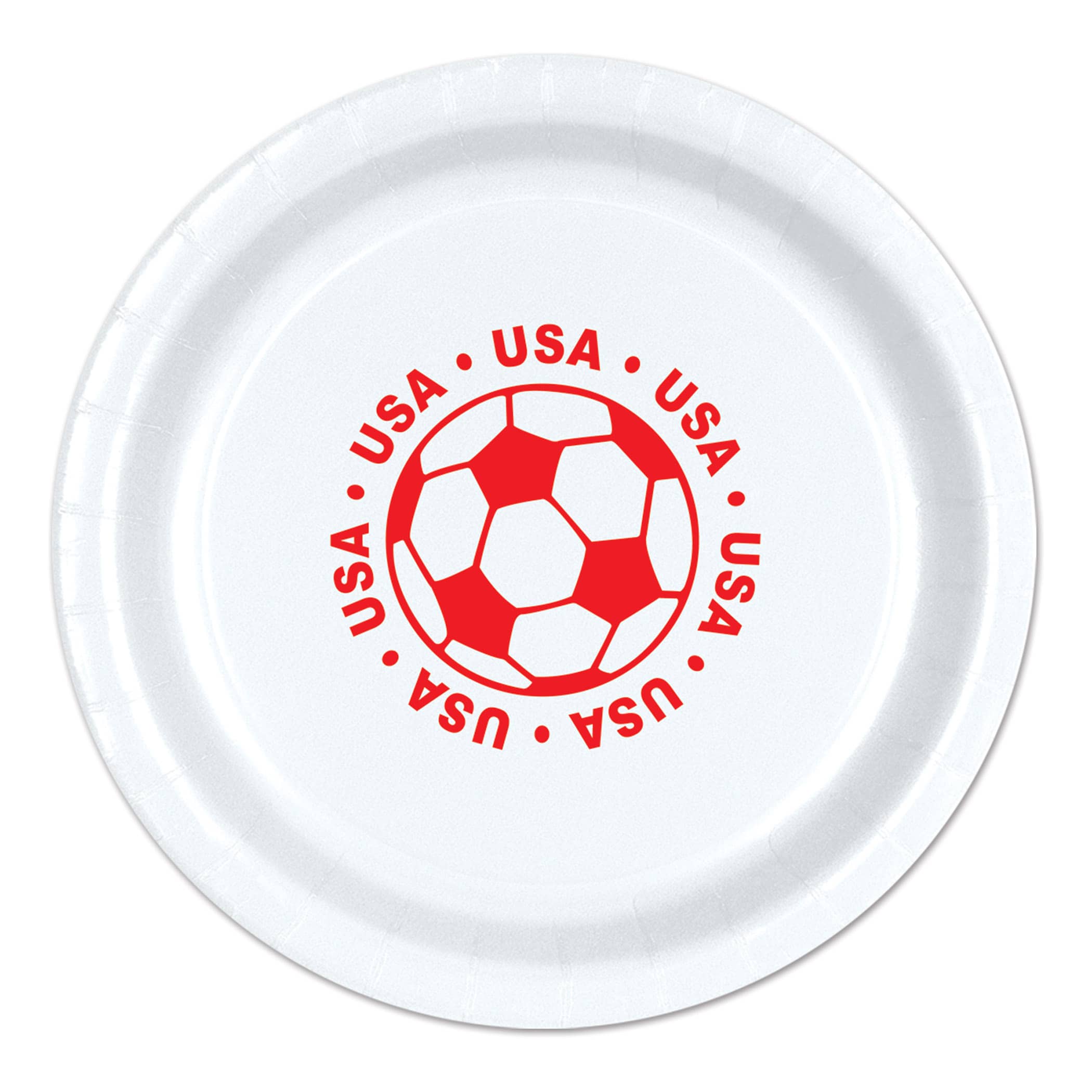 9" Soccer Paper Plates - United States (Pack of 96) soccer paper plates united states, usa soccer party supplies, american sports party decorations, 9 inch soccer plates, soccer birthday tableware, bulk paper plates, usa themed party supplies, Party Express plates, soccer banquet supplies