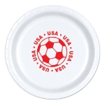9" Soccer Paper Plates - United States (Pack of 96) soccer paper plates united states, usa soccer party supplies, american sports party decorations, 9 inch soccer plates, soccer birthday tableware, bulk paper plates, usa themed party supplies, Party Express plates, soccer banquet supplies