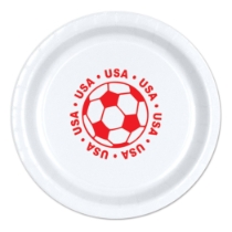 9" Soccer Paper Plates - United States (Pack of 96) soccer paper plates united states, usa soccer party supplies, american sports party decorations, 9 inch soccer plates, soccer birthday tableware, bulk paper plates, usa themed party supplies, Party Express plates, soccer banquet supplies