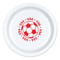 9" Soccer Paper Plates - United States (Pack of 96) soccer paper plates united states, usa soccer party supplies, american sports party decorations, 9 inch soccer plates, soccer birthday tableware, bulk paper plates, usa themed party supplies, Party Express plates, soccer banquet supplies
