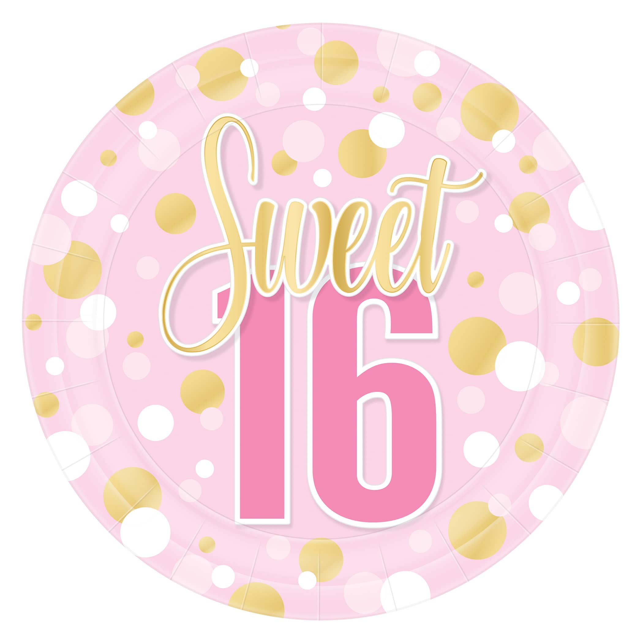 9" Sweet 16 Plates (Pack of 96) sweet 16 plates, 9 inch sweet 16 plates, pink gold white birthday plates, sturdy paper birthday plates, sweet sixteen party supplies, milestone birthday tableware, disposable sweet 16 plates, Party Express sweet 16 plates, bulk sweet 16 plates