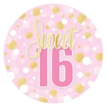 9" Sweet 16 Plates (Pack of 96) sweet 16 plates, 9 inch sweet 16 plates, pink gold white birthday plates, sturdy paper birthday plates, sweet sixteen party supplies, milestone birthday tableware, disposable sweet 16 plates, Party Express sweet 16 plates, bulk sweet 16 plates
