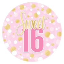 9" Sweet 16 Plates (Pack of 96) sweet 16 plates, 9 inch sweet 16 plates, pink gold white birthday plates, sturdy paper birthday plates, sweet sixteen party supplies, milestone birthday tableware, disposable sweet 16 plates, Party Express sweet 16 plates, bulk sweet 16 plates