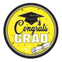 9" Yellow Congrats Grad Plates (Pack of 216) yellow graduation plates, 9 inch grad plates, congrats grad plates, yellow party plates, graduation tableware, bulk grad plates, Party Express graduation supplies