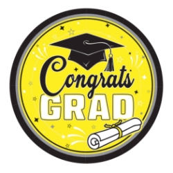9" Yellow Congrats Grad Plates (Pack of 216) yellow graduation plates, 9 inch grad plates, congrats grad plates, yellow party plates, graduation tableware, bulk grad plates, Party Express graduation supplies