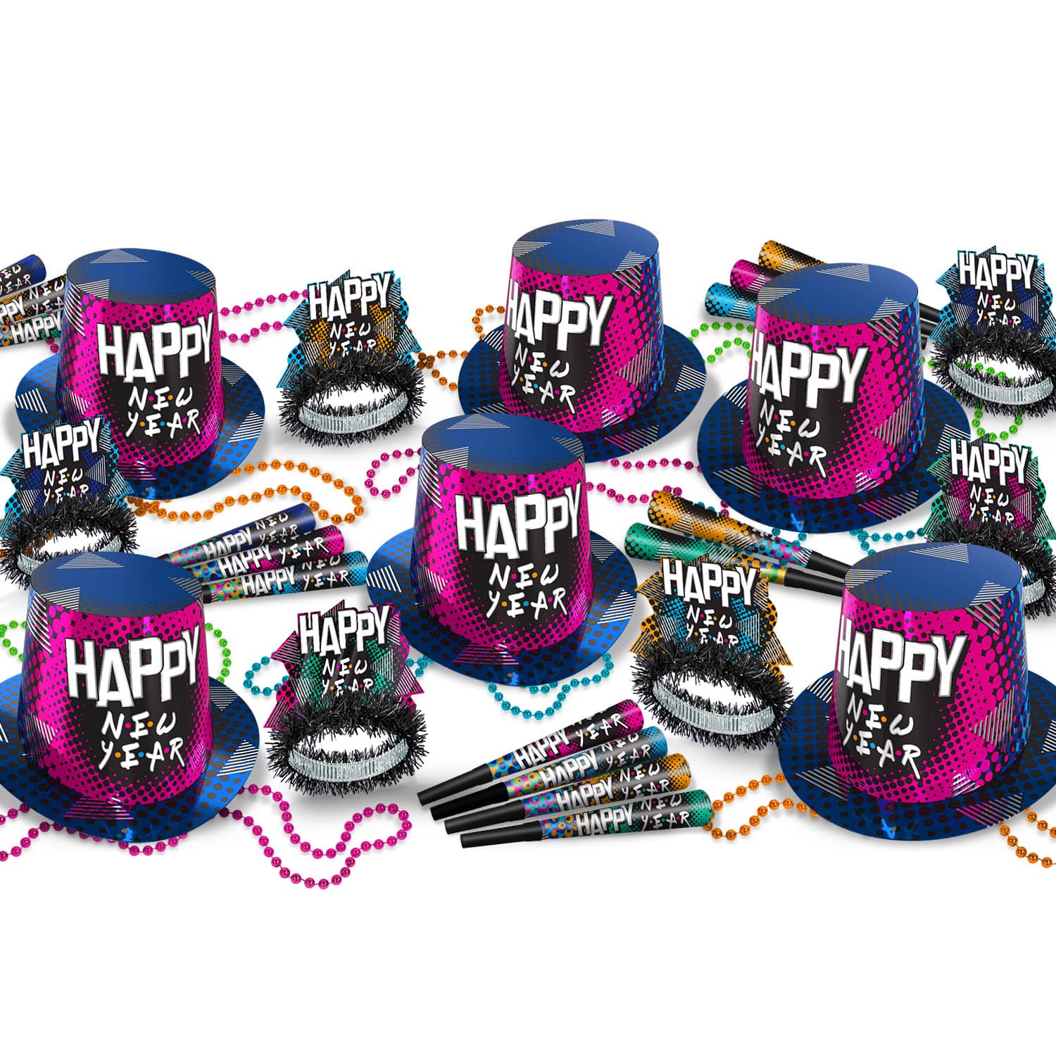 90s New Year Assortment for 50   90s New Year Assortment for 50, 2022, 90s, new years eve, party kit, hat, tiara, horn, bead, wholesale, inexpensive, bulk, party favor