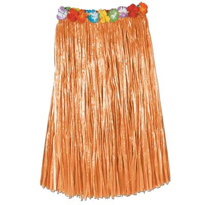 Adult Artificial Orange Grass Hula Skirt with flowers